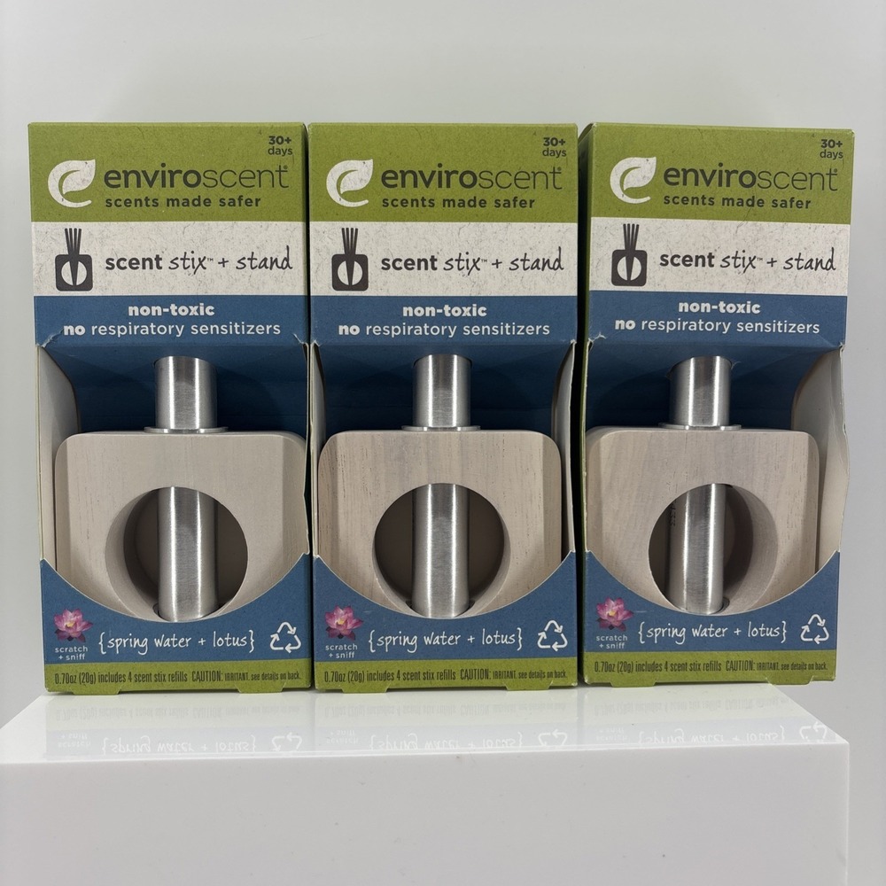 3 Enviroscent Scent Stix + Stand Starter Kits Spring Water + Lotus W/ 4 Refills